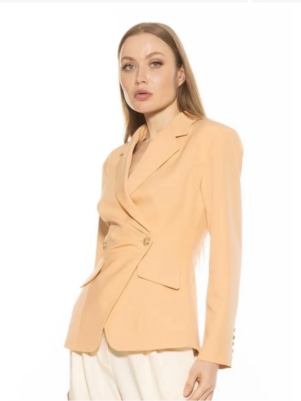 Alexia Admor Tansey Drape Double Breasted Blazer Almond with Gold Buttons
